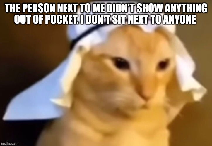 haram cat | THE PERSON NEXT TO ME DIDN'T SHOW ANYTHING OUT OF POCKET. I DON'T SIT NEXT TO ANYONE | image tagged in haram cat | made w/ Imgflip meme maker