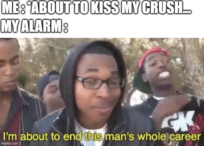 Let me dream please... | ME : *ABOUT TO KISS MY CRUSH... MY ALARM : | image tagged in i m about to end this man s whole career | made w/ Imgflip meme maker