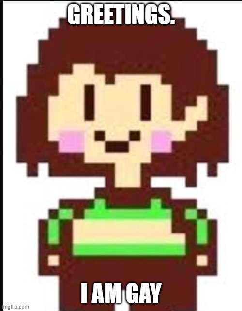 When you name yourself "gay" in undertale: | GREETINGS. I AM GAY | image tagged in chara undertale,undertale,funny | made w/ Imgflip meme maker