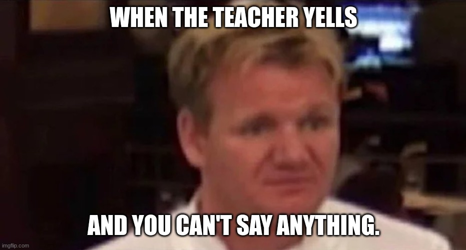 Disgusted Gordon Ramsay | WHEN THE TEACHER YELLS; AND YOU CAN'T SAY ANYTHING. | image tagged in disgusted gordon ramsay | made w/ Imgflip meme maker