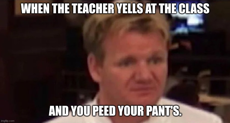 Disgusted Gordon Ramsay | WHEN THE TEACHER YELLS AT THE CLASS; AND YOU PEED YOUR PANT'S. | image tagged in disgusted gordon ramsay | made w/ Imgflip meme maker