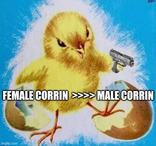 badass chick | FEMALE CORRIN  >>>> MALE CORRIN | image tagged in badass chick | made w/ Imgflip meme maker