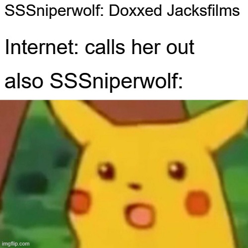 the least insane thing SSSniperdoxx can do: | SSSniperwolf: Doxxed Jacksfilms; Internet: calls her out; also SSSniperwolf: | image tagged in memes,surprised pikachu | made w/ Imgflip meme maker