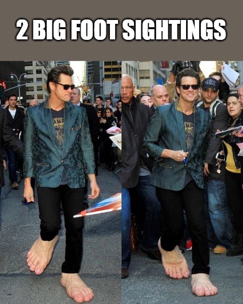 bigfoot | 2 BIG FOOT SIGHTINGS | image tagged in jim carry,big feet,kewlew | made w/ Imgflip meme maker
