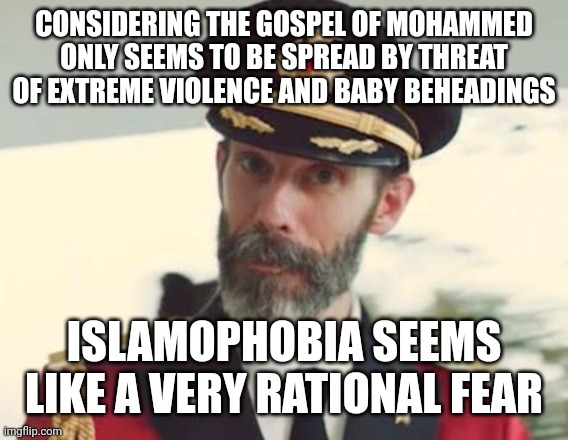 Captain Obvious | CONSIDERING THE GOSPEL OF MOHAMMED ONLY SEEMS TO BE SPREAD BY THREAT OF EXTREME VIOLENCE AND BABY BEHEADINGS; ISLAMOPHOBIA SEEMS LIKE A VERY RATIONAL FEAR | image tagged in captain obvious | made w/ Imgflip meme maker