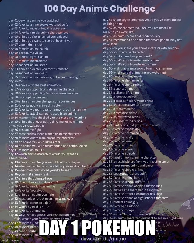 100 day anime challenge | DAY 1 POKEMON | image tagged in 100 day anime challenge | made w/ Imgflip meme maker