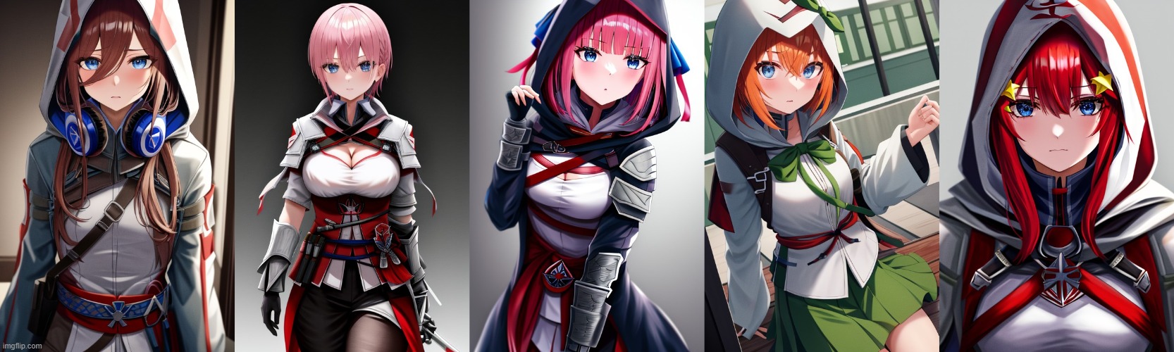 The Nakanos but in Assassin's Creed Outfit. Which sister is the best | image tagged in anime,assassins creed | made w/ Imgflip meme maker