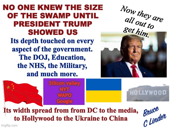 Chaos | NO ONE KNEW THE SIZE
OF THE SWAMP UNTIL
PRESIDENT TRUMP
SHOWED US; Now they are
all out to
get him. Its depth touched on every
aspect of the government.
The DOJ, Education,
the NHS, the Military,
and much more. Silicon valley
NYT
WAPO
Google; Its width spread from from DC to the media,
to Hollywood to the Ukraine to China; Bruce
C Linder | image tagged in chaos,peace,djt,conservatives,washington dc,swamp | made w/ Imgflip meme maker