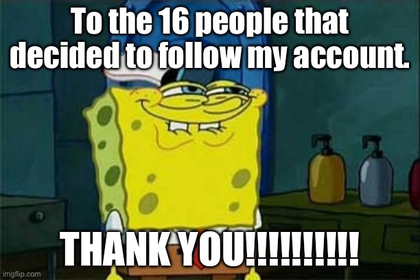 you like krabby patties | To the 16 people that decided to follow my account. THANK YOU!!!!!!!!!! | image tagged in you like krabby patties | made w/ Imgflip meme maker
