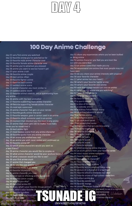 Day 4 | DAY 4; TSUNADE IG | image tagged in 100 day anime challenge,anime | made w/ Imgflip meme maker