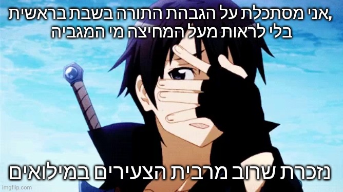 sword art, can’t look away | אני מסתכלת על הגבהת התורה בשבת בראשית, 
בלי לראות מעל המחיצה מי המגביה; נזכרת שרוב מרבית הצעירים במילואים | image tagged in sword art can t look away,Jewdank | made w/ Imgflip meme maker