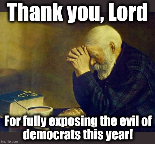 Thanksgiving will be extra special for me this year | Thank you, Lord; For fully exposing the evil of
democrats this year! | image tagged in old man praying,thanksgiving,democrats,evil,joe biden | made w/ Imgflip meme maker