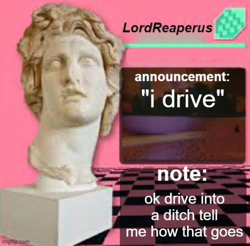 LordReaperus Floral Shoppe Template | "i drive"; ok drive into a ditch tell me how that goes | image tagged in lordreaperus floral shoppe template | made w/ Imgflip meme maker