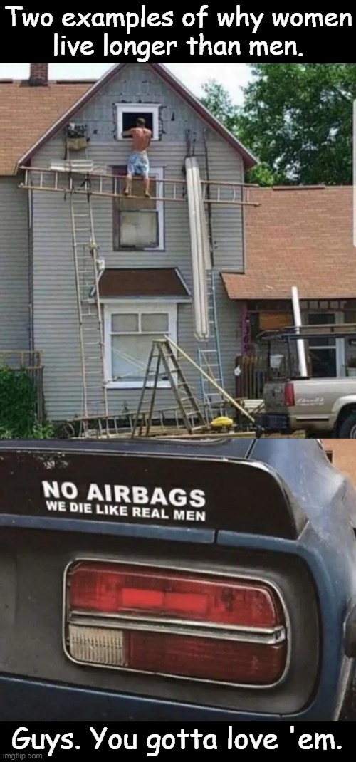 Two examples of why women
live longer than men. Guys. You gotta love 'em. | image tagged in fun,men,women,risk,funny,guys | made w/ Imgflip meme maker