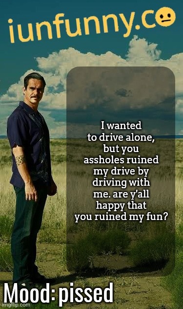 I won't drive again until y'all mfs stop driving | I wanted to drive alone, but you assholes ruined my drive by driving with me. are y'all happy that you ruined my fun? pissed | image tagged in iunfunny's lalo salamanca template | made w/ Imgflip meme maker