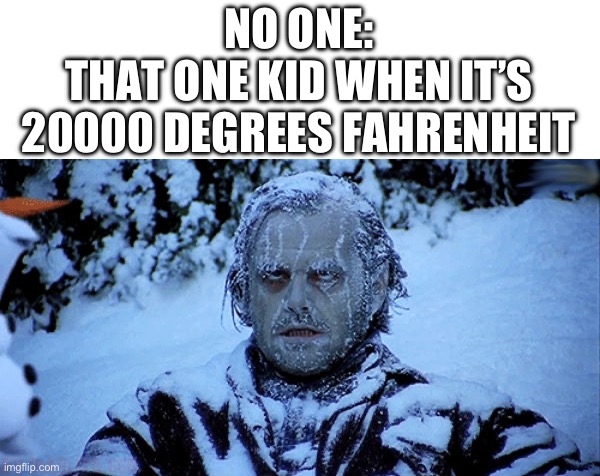 Freezing cold | NO ONE:
THAT ONE KID WHEN IT’S 20000 DEGREES FAHRENHEIT | image tagged in freezing cold | made w/ Imgflip meme maker