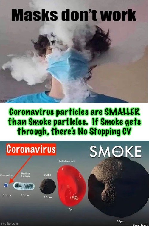 But I don’t smoke | Coronavirus particles are SMALLER
than Smoke particles.  If Smoke gets
through, there’s No Stopping CV | image tagged in memes,do you still think masks do any good,its just morons virtue signaling,and signaling they are fjb lovers,fjb voters | made w/ Imgflip meme maker