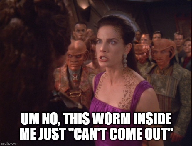 The Worm Stays | UM NO, THIS WORM INSIDE ME JUST "CAN'T COME OUT" | image tagged in jadzia dax angry | made w/ Imgflip meme maker