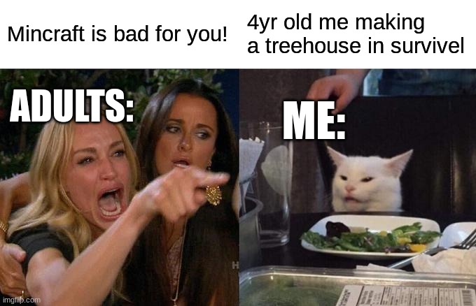 MICRAFT MEME OF THE DAY | Mincraft is bad for you! 4yr old me making a treehouse in survivel; ADULTS:; ME: | image tagged in memes,woman yelling at cat | made w/ Imgflip meme maker