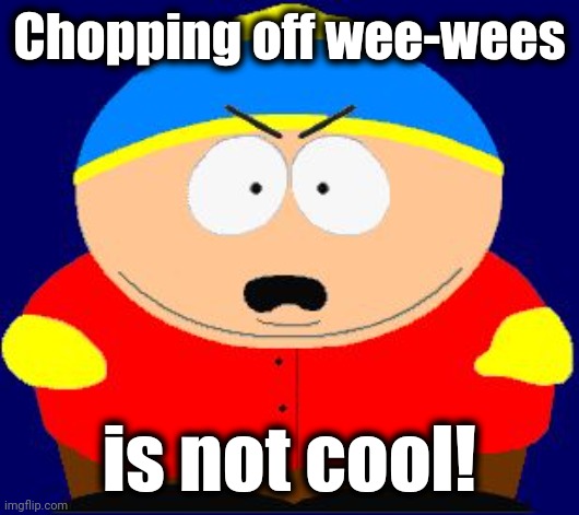 Eric Cartman angry | Chopping off wee-wees is not cool! | image tagged in eric cartman angry | made w/ Imgflip meme maker