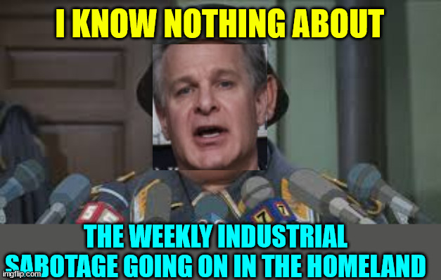 How long is the FBI going to turn a blind eye to the ongoing industrial sabotage happening in America? | I KNOW NOTHING ABOUT THE WEEKLY INDUSTRIAL SABOTAGE GOING ON IN THE HOMELAND | image tagged in sergeant schultz,fbi,ruin,america | made w/ Imgflip meme maker