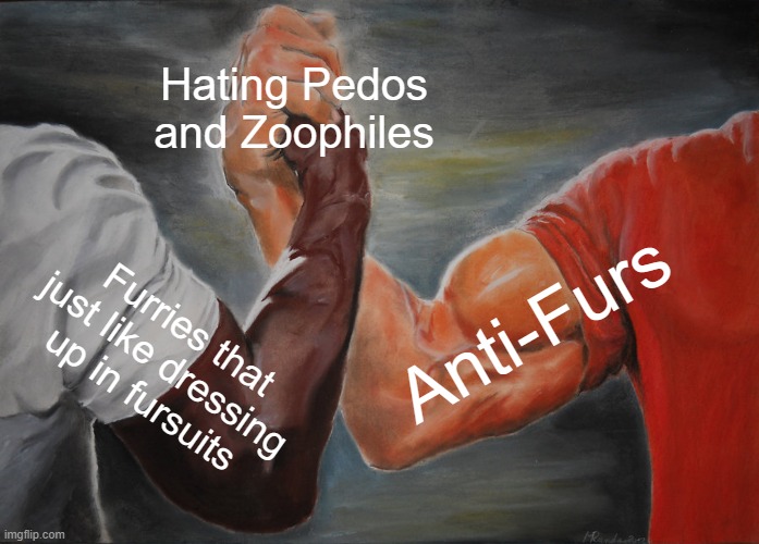 Let's focus on the bigger issue instead of fighting each other, hm? | Hating Pedos and Zoophiles; Anti-Furs; Furries that just like dressing up in fursuits | image tagged in memes,epic handshake | made w/ Imgflip meme maker
