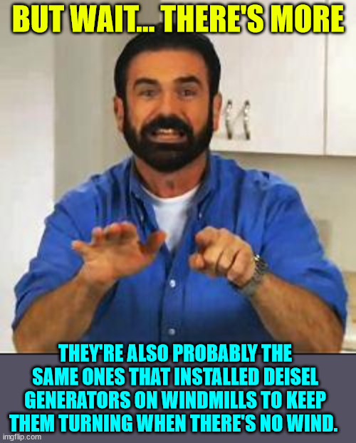 Billy Mays | BUT WAIT... THERE'S MORE THEY'RE ALSO PROBABLY THE SAME ONES THAT INSTALLED DEISEL GENERATORS ON WINDMILLS TO KEEP THEM TURNING WHEN THERE'S | image tagged in billy mays | made w/ Imgflip meme maker