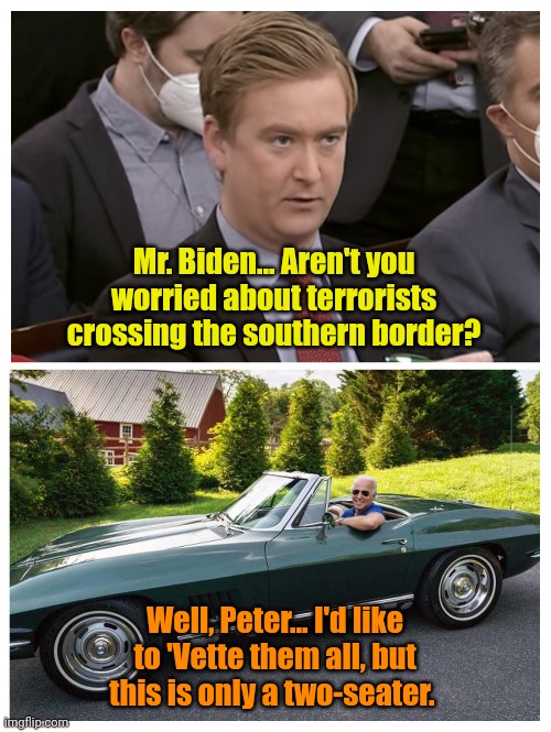 HOW dumb? THIS dumb! | Mr. Biden... Aren't you worried about terrorists crossing the southern border? Well, Peter... I'd like to 'Vette them all, but this is only a two-seater. | made w/ Imgflip meme maker