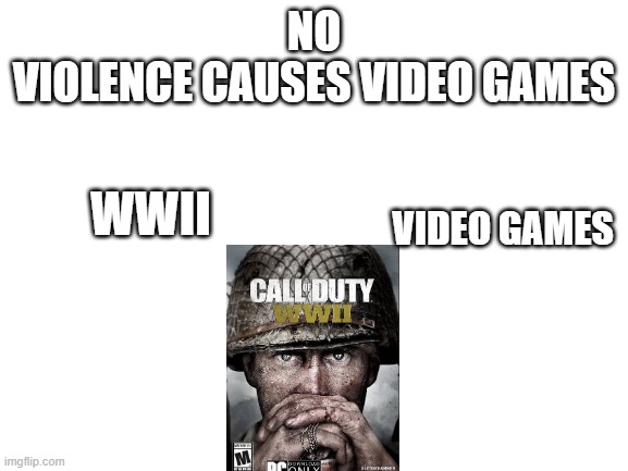 Blank White Template | NO
VIOLENCE CAUSES VIDEO GAMES WWII VIDEO GAMES | image tagged in blank white template | made w/ Imgflip meme maker