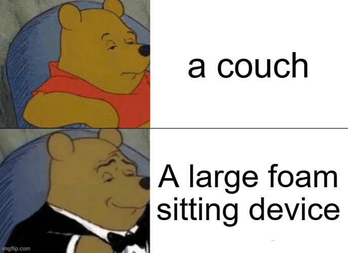 :) | a couch; A large foam sitting device | image tagged in memes,tuxedo winnie the pooh | made w/ Imgflip meme maker