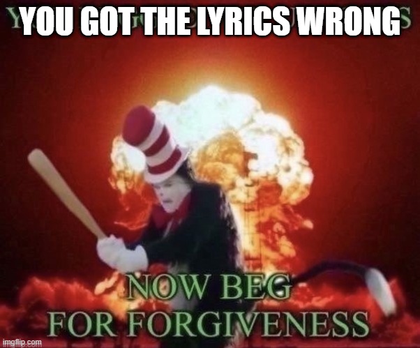 Beg for forgiveness | YOU GOT THE LYRICS WRONG | image tagged in beg for forgiveness | made w/ Imgflip meme maker