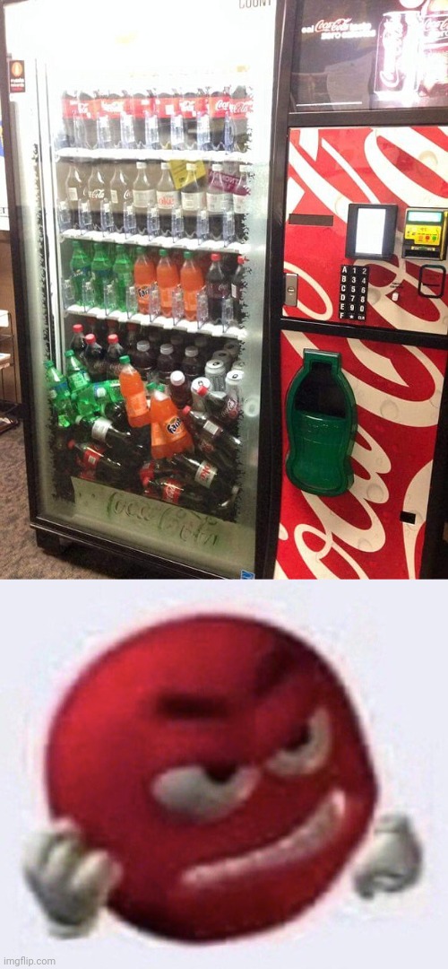 Vending machine fail | image tagged in red m m angry,vending machine,soda,bottles,you had one job,memes | made w/ Imgflip meme maker