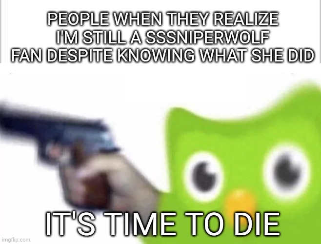 I can like the content without liking the person can't I? | PEOPLE WHEN THEY REALIZE I'M STILL A SSSNIPERWOLF FAN DESPITE KNOWING WHAT SHE DID; IT'S TIME TO DIE | image tagged in duolingo gun,sssniperwolf,youtuber | made w/ Imgflip meme maker