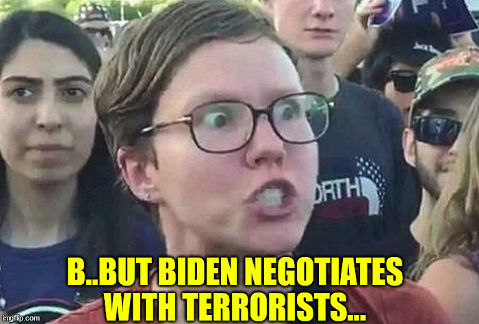Triggered Liberal | B..BUT BIDEN NEGOTIATES WITH TERRORISTS... | image tagged in triggered liberal | made w/ Imgflip meme maker