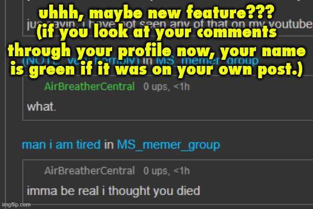 wasn't there before, i think. | uhhh, maybe new feature???
(if you look at your comments through your profile now, your name is green if it was on your own post.) | made w/ Imgflip meme maker