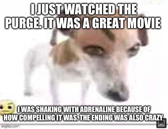I JUST WATCHED THE PURGE. IT WAS A GREAT MOVIE; I WAS SHAKING WITH ADRENALINE BECAUSE OF HOW COMPELLING IT WAS. THE ENDING WAS ALSO CRAZY | made w/ Imgflip meme maker