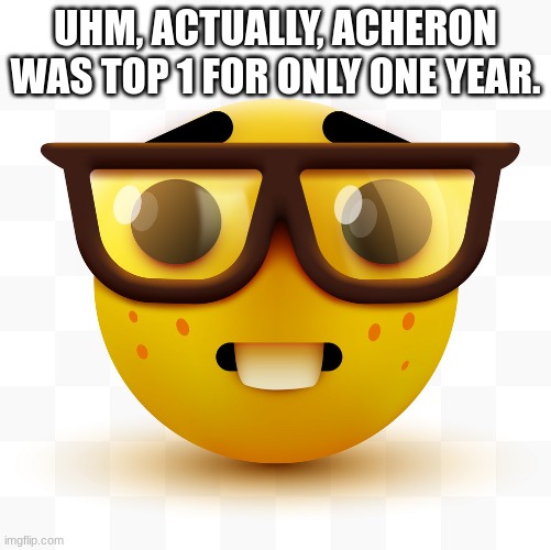 Nerd emoji | UHM, ACTUALLY, ACHERON WAS TOP 1 FOR ONLY ONE YEAR. | image tagged in nerd emoji | made w/ Imgflip meme maker