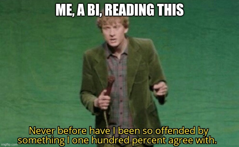 Never before have I been so offended by something I one hundred | ME, A BI, READING THIS | image tagged in never before have i been so offended by something i one hundred | made w/ Imgflip meme maker