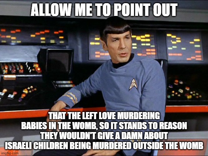 Allow me to point this out to you. | ALLOW ME TO POINT OUT; THAT THE LEFT LOVE MURDERING BABIES IN THE WOMB, SO IT STANDS TO REASON THEY WOULDN'T GIVE A DAMN ABOUT ISRAELI CHILDREN BEING MURDERED OUTSIDE THE WOMB | image tagged in allow me to point out | made w/ Imgflip meme maker