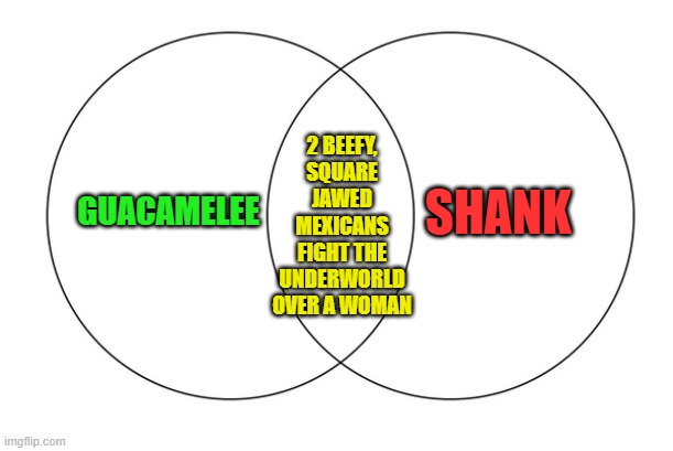 And they eventually both get a female side kick. | SHANK; GUACAMELEE; 2 BEEFY, SQUARE JAWED MEXICANS FIGHT THE UNDERWORLD OVER A WOMAN | image tagged in venn diagram,guacamelee,shank,video games,mexican,underworld | made w/ Imgflip meme maker