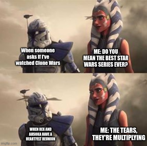 rex looking at ahsoka | ME: DO YOU MEAN THE BEST STAR WARS SERIES EVER? When someone asks if I've watched Clone Wars; ME: THE TEARS, THEY'RE MULTIPLYING; WHEN REX AND AHSOKA HAVE A HEARTFELT REUNION | image tagged in rex looking at ahsoka | made w/ Imgflip meme maker