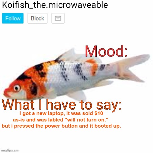 if yall wondering why it was that cheap, i got it at a pawn shop. | i got a new laptop, it was sold $10 as-is and was labled "will not turn on."  but i pressed the power button and it booted up. | image tagged in koifish_the microwaveable announcement | made w/ Imgflip meme maker