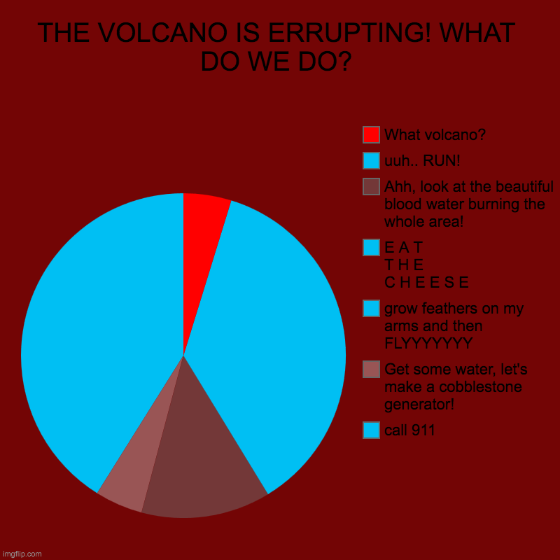 ...and some obsidian. | THE VOLCANO IS ERRUPTING! WHAT DO WE DO? | call 911, Get some water, let's make a cobblestone generator!, grow feathers on my arms and then  | image tagged in charts,pie charts,memes,funny,volcano,lava | made w/ Imgflip chart maker
