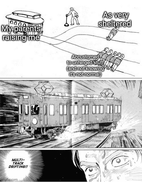 Multi-track drifting | As very sheltered; My parents raising me; Accustomed to unhinged stuff (and not knowing it's not normal) | image tagged in multi-track drifting,memes | made w/ Imgflip meme maker
