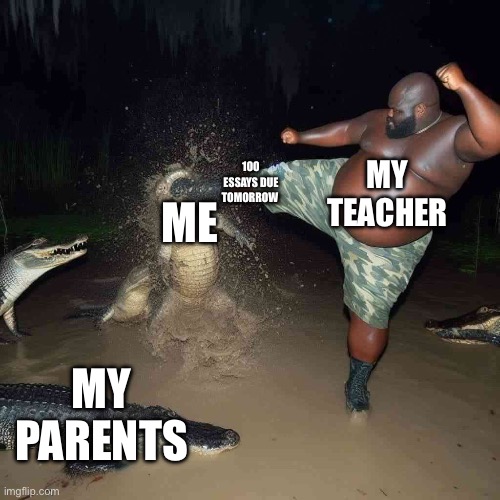press f to pay respects | MY TEACHER; 100 ESSAYS DUE TOMORROW; ME; MY PARENTS | image tagged in alligator kick,school sucks | made w/ Imgflip meme maker