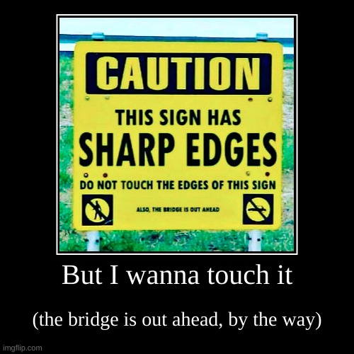 But I wanna touch it | (the bridge is out ahead, by the way) | image tagged in funny,demotivationals | made w/ Imgflip demotivational maker