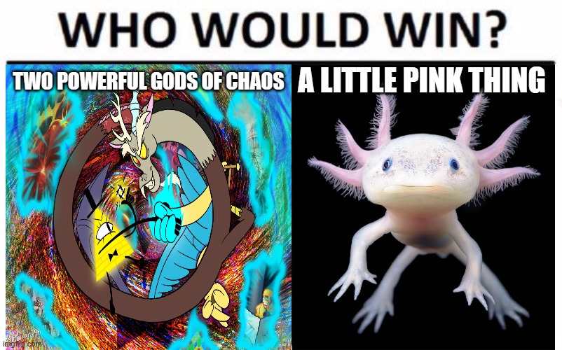 Who Would Win? | A LITTLE PINK THING; TWO POWERFUL GODS OF CHAOS | image tagged in memes,who would win,axolotl,discord,bill cipher,death battle | made w/ Imgflip meme maker