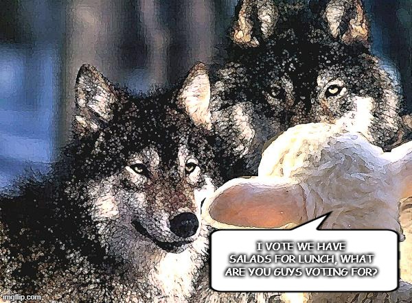 wolves and sheep democracy | I VOTE WE HAVE SALADS FOR LUNCH, WHAT ARE YOU GUYS VOTING FOR? | image tagged in wolves and sheep democracy | made w/ Imgflip meme maker