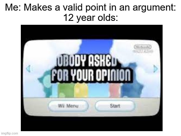 why do they always do this? | Me: Makes a valid point in an argument:
12 year olds: | image tagged in memes | made w/ Imgflip meme maker