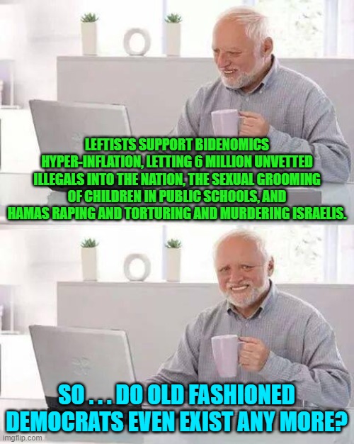 It's a fair question.  Radical leftists now control the Party.  So, do old fashioned Dems exist anymore? | LEFTISTS SUPPORT BIDENOMICS HYPER-INFLATION, LETTING 6 MILLION UNVETTED ILLEGALS INTO THE NATION, THE SEXUAL GROOMING OF CHILDREN IN PUBLIC SCHOOLS, AND HAMAS RAPING AND TORTURING AND MURDERING ISRAELIS. SO . . . DO OLD FASHIONED DEMOCRATS EVEN EXIST ANY MORE? | image tagged in hide the pain harold | made w/ Imgflip meme maker